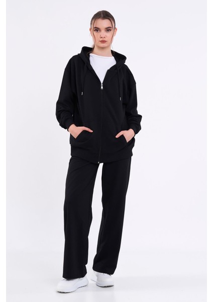 Kadın Siyah Normal Kalıp Basic Beli Lastikli Kapüşonlu Oversize Mevsimlik Alt Üst Eşofman Takımı