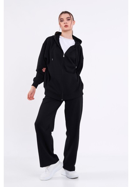 Kadın Siyah Normal Kalıp Basic Beli Lastikli Kapüşonlu Oversize Mevsimlik Alt Üst Eşofman Takımı modelleri