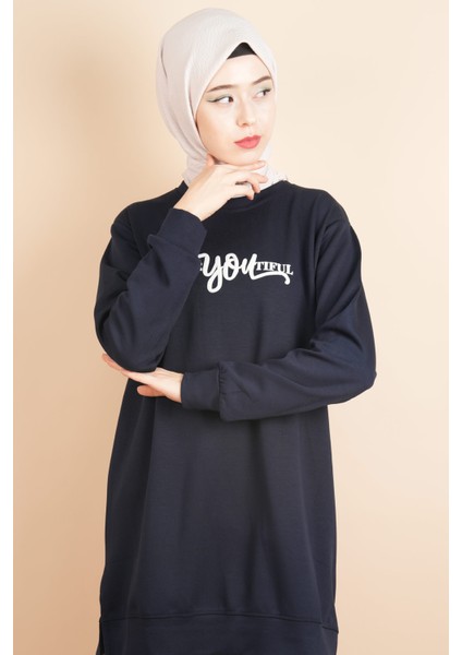 Tesettür Spor Üst Önü Baskılı Sweatshirt Lacivert