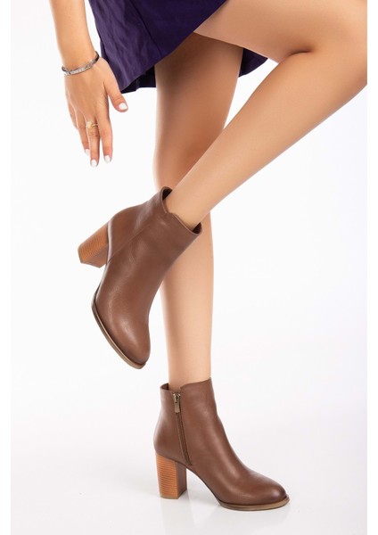 Kadın Deri Şık Topuklu Bot - Ceviz