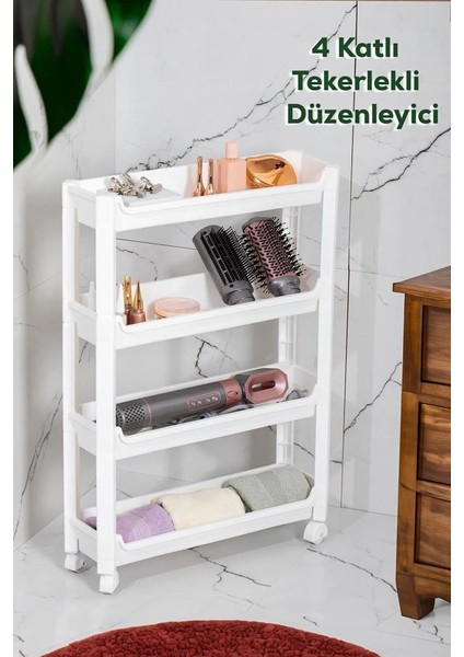 4 Katlı Tekerlekli Diktördgen Organizetör Raf Beyaz fiyatları