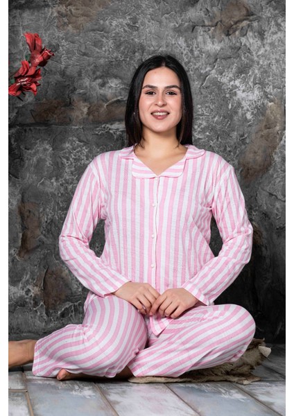 Sude Homewear Kadın Pembe Çizgili Uzun Kol (Mevsimlik) Pijama Takımı