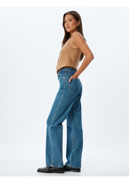 Düz Uzun Paça Kot Pantolon Standart Bel Düğmeli Pamuklu - Longer Straight Fit Jean