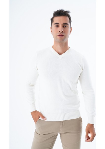 Erkek Ekru %100 Pamuk Bisiklet Yaka Triko Kazak TRIST-1102