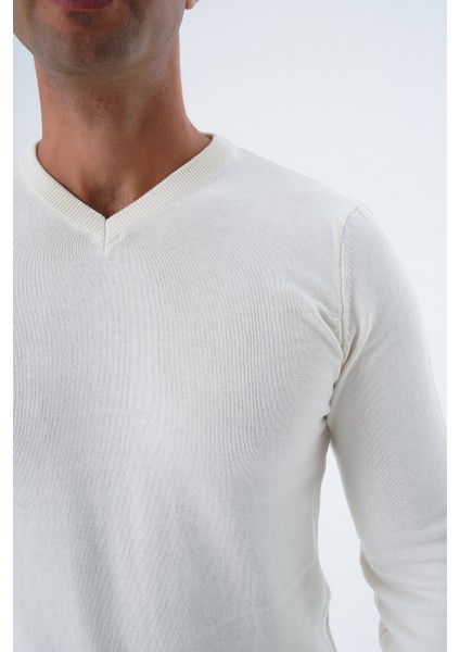 Erkek Ekru %100 Pamuk Bisiklet Yaka Triko Kazak TRIST-1102