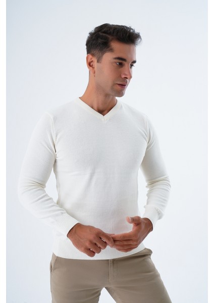 Erkek Ekru %100 Pamuk Bisiklet Yaka Triko Kazak TRIST-1102 modelleri