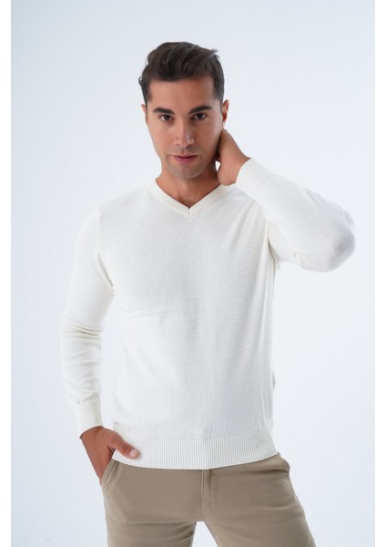 Erkek Ekru %100 Pamuk Bisiklet Yaka Triko Kazak TRIST-1102 fırsatları