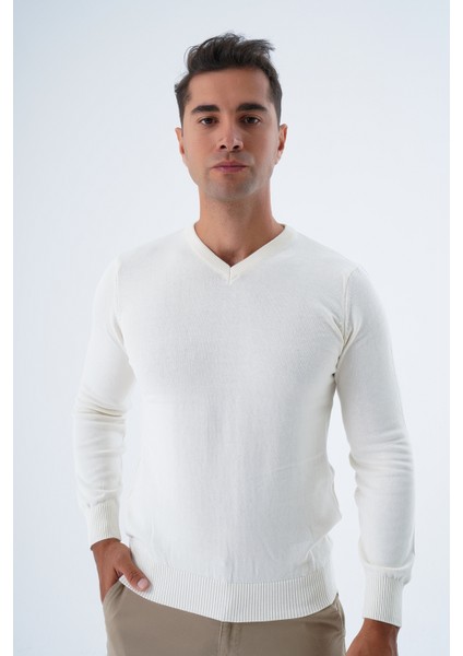 Erkek Ekru %100 Pamuk Bisiklet Yaka Triko Kazak TRIST-1102