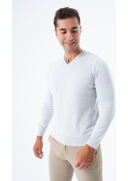 Erkek Gri %100 Pamuk Bisiklet Yaka Triko Kazak TRIST-1102