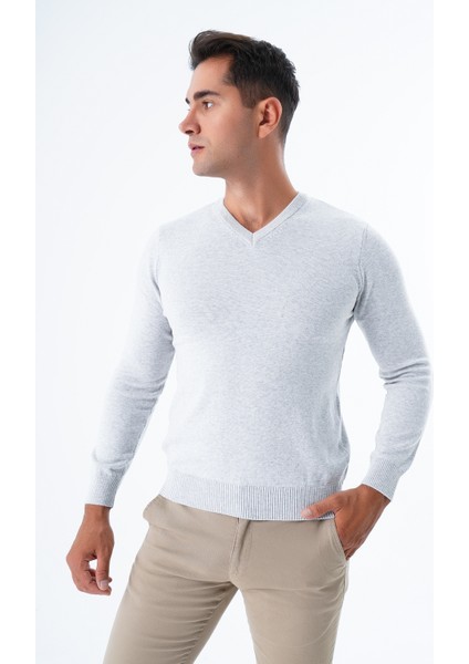 Erkek Gri %100 Pamuk Bisiklet Yaka Triko Kazak TRIST-1102