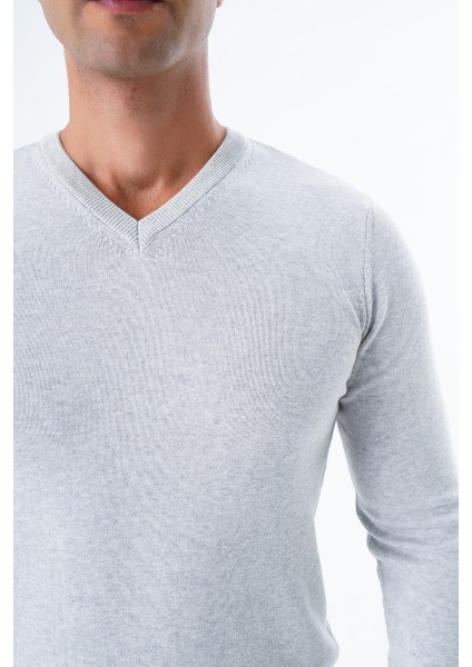 Erkek Gri %100 Pamuk Bisiklet Yaka Triko Kazak TRIST-1102