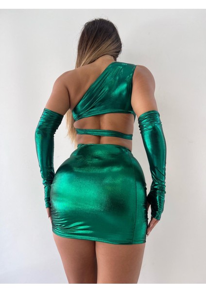Zümrüt Yeşili Lame Büzgülü Etek ve Crop Kolluklu Ikili Takım modelleri