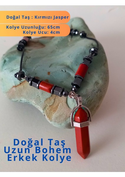 Doğal Taş Bohem Erkek Uzun Kolye - Jasper Doğal Taş Ipli Bohem Uzun 65CM Çivi Kolye Uçlu Erkek Kolye