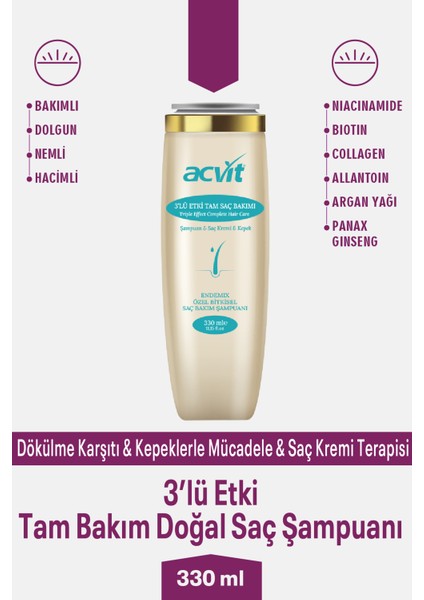 3’lü Etki Doğal Tam Bakım Saç Şampuanı – 330 ml