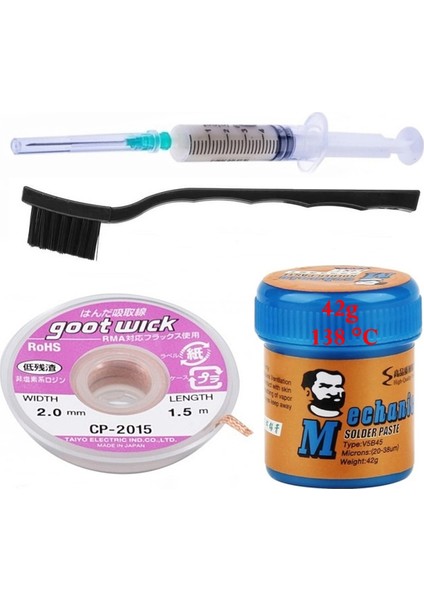 Krem Lehim Solder Paste 138°C Noclean SN42Bİ58 42G Flux Lehim Toplama CP-2015 Lehim Emme Teli 2,0 mm