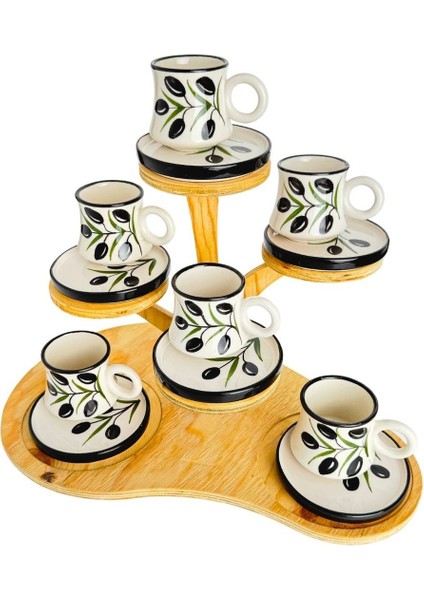 6’lı Takım Zeytin Desenli, El Yapımı Kazan Seramik Kahve Fincanı, Kahve Fincanı, Hand Made