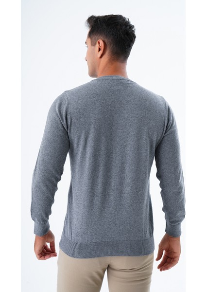 Erkek Koyu Gri %100 Pamuk Bisiklet Yaka Triko Kazak TRIST-1102