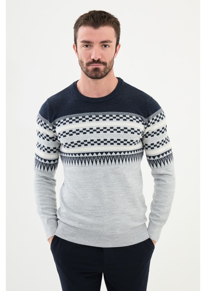 Desenli Gri Slim Fit Bisiklet Yaka Erkek Triko Kazak