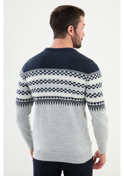 Desenli Gri Slim Fit Bisiklet Yaka Erkek Triko Kazak modelleri