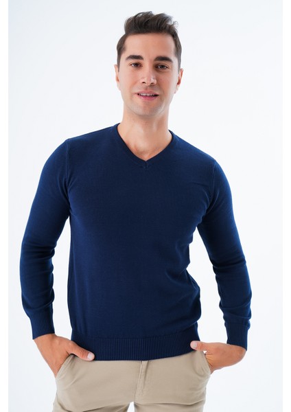 Erkek Lacivert %100 Pamuk Bisiklet Yaka Triko Kazak TRIST-1102