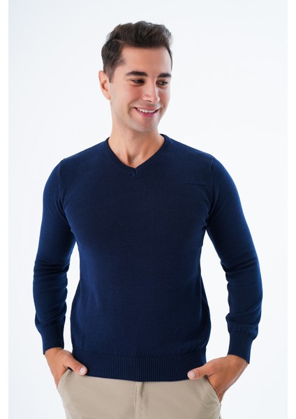 Erkek Lacivert %100 Pamuk Bisiklet Yaka Triko Kazak TRIST-1102 modelleri