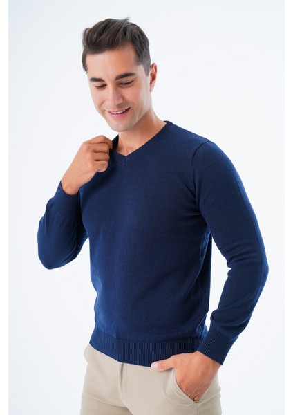 Erkek Lacivert %100 Pamuk Bisiklet Yaka Triko Kazak TRIST-1102