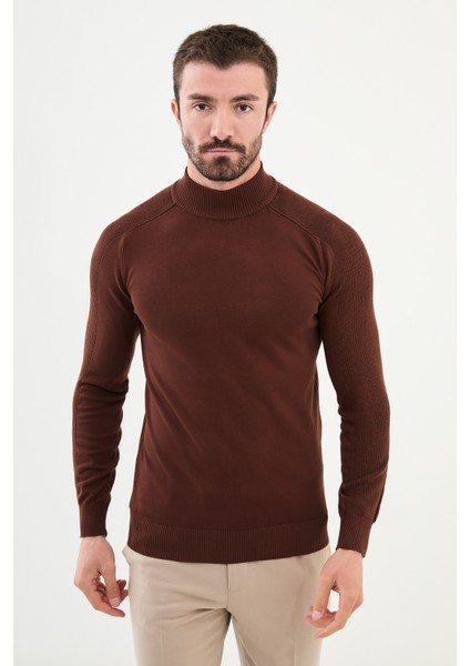 Düz Kiremit Rengi Slim Fit Yarım Balıkçı Yaka Erkek Triko Kazak