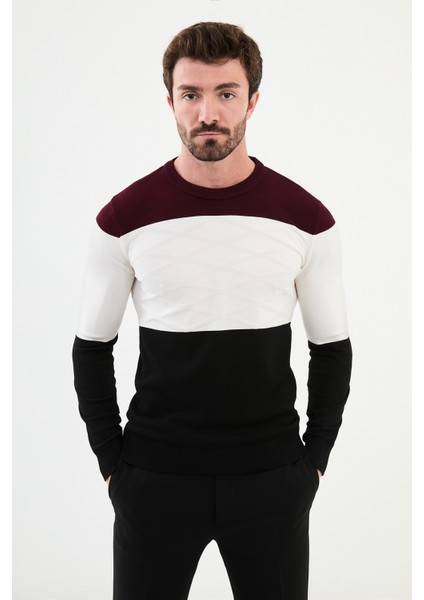 Parçalı Siyah Slim Fit Bisiklet Yaka Erkek Triko Kazak