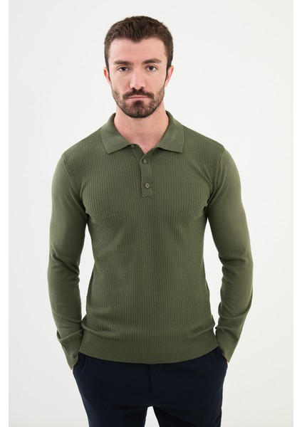 Desenli Haki Slim Fit Polo Yaka Erkek Triko Kazak