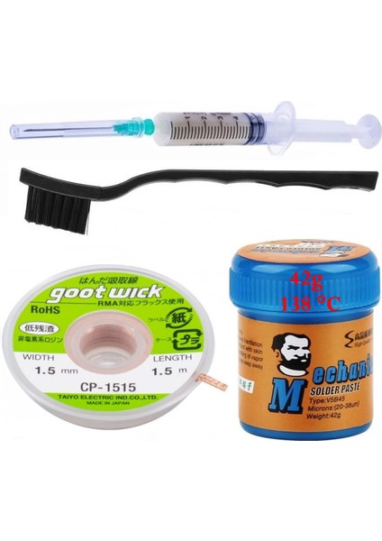 Mchanc Krem Lehim Solder Paste 138°C SN42Bİ58 42G Flux Lehim Toplama CP-1515 Lehim Emme Teli 1,5 mm