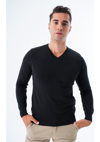 Erkek Siyah %100 Pamuk Bisiklet Yaka Triko Kazak TRIST-1102