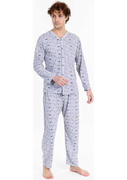 Erkek Desenli Boydan Düğmeli Uzun Kol Pijama Takımı Gri