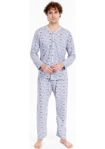 Erkek Desenli Boydan Düğmeli Uzun Kol Pijama Takımı Gri