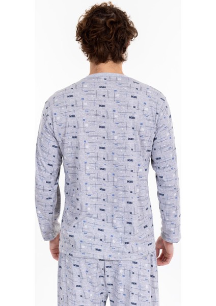 Erkek Desenli Boydan Düğmeli Uzun Kol Pijama Takımı Gri