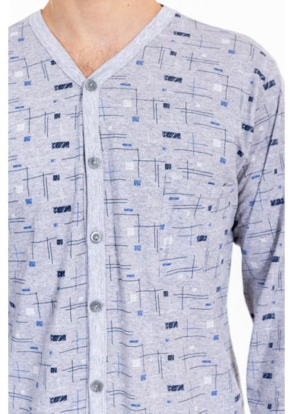 Erkek Desenli Boydan Düğmeli Uzun Kol Pijama Takımı Gri