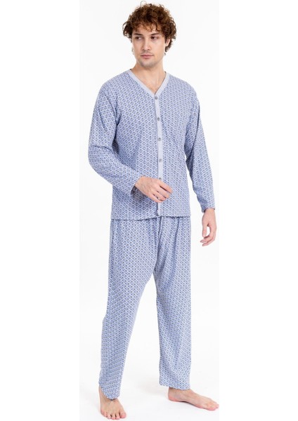 Erkek Boydan Düğmeli Uzun Kol Pijama Takımı Gri