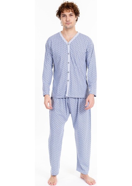 Erkek Boydan Düğmeli Uzun Kol Pijama Takımı Gri