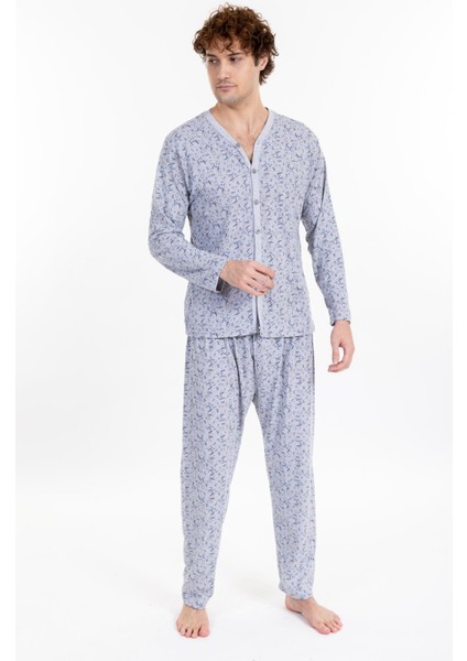 Erkek Uzun Kol Desenli Boydan Düğmeli Pijama Takımı Gri