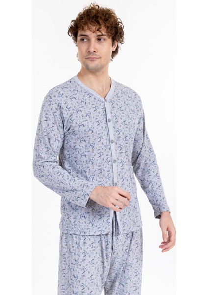Erkek Uzun Kol Desenli Boydan Düğmeli Pijama Takımı Gri