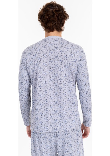 Erkek Uzun Kol Desenli Boydan Düğmeli Pijama Takımı Gri