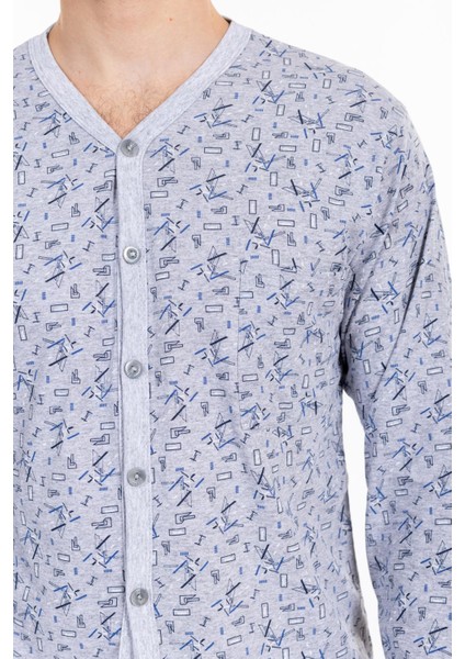 Erkek Uzun Kol Desenli Boydan Düğmeli Pijama Takımı Gri