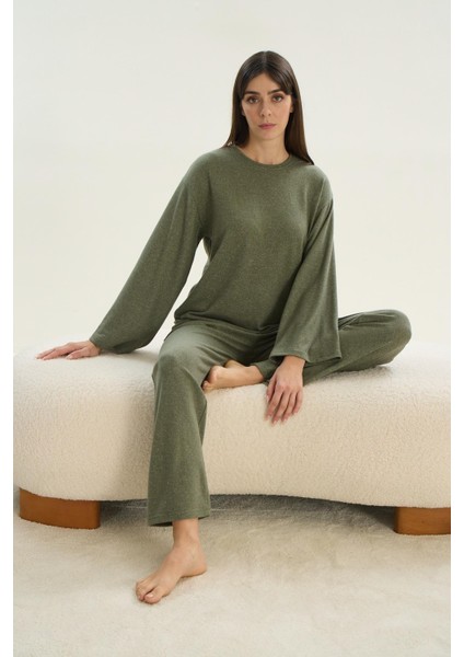 Kadın Uzun Kol Haki Viskon Pijama Takım C7T8N9O51
