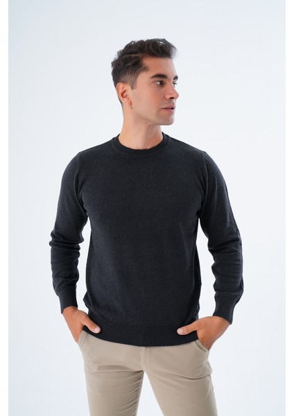 Erkek Antrasit %100 Pamuk Bisiklet Yaka Triko Kazak TRIST-1101