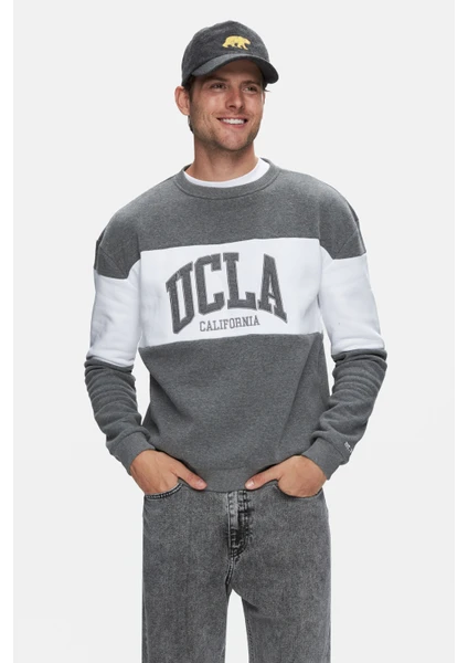 Archer Koyu Gri Bisiklet Yaka Nakışlı Loose Fit Erkek Sweatshirt