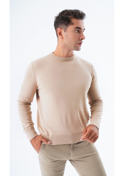 Erkek Bej %100 Pamuk Bisiklet Yaka Triko Kazak TRIST-1101 modelleri