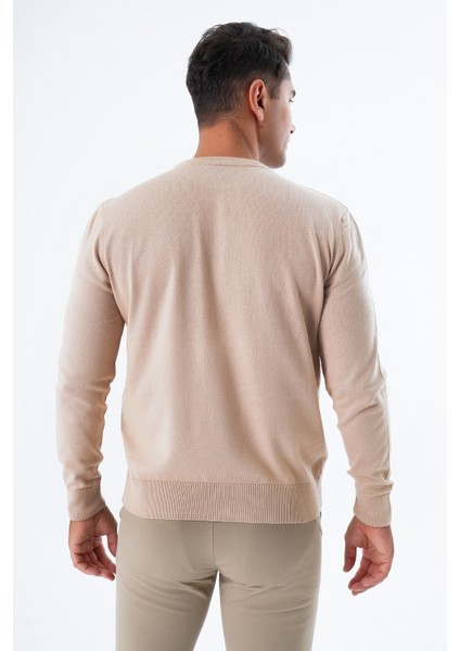 Erkek Bej %100 Pamuk Bisiklet Yaka Triko Kazak TRIST-1101