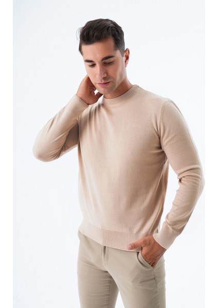 Erkek Bej %100 Pamuk Bisiklet Yaka Triko Kazak TRIST-1101 fiyatları