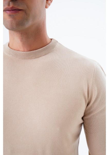 Erkek Bej %100 Pamuk Bisiklet Yaka Triko Kazak TRIST-1101