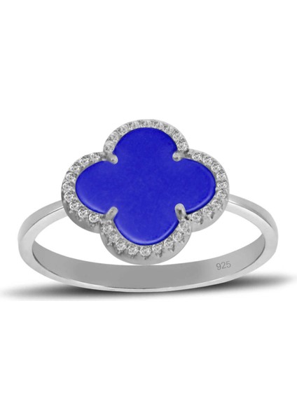 925 Ayar Gümüş Mavi Taşlı Yonca Yüzük