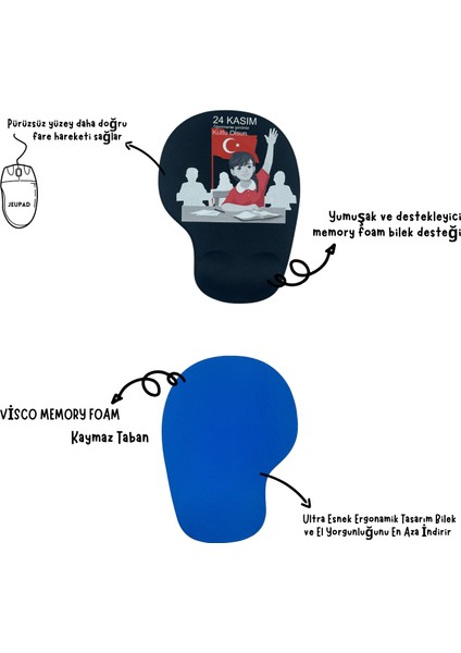 Bilek Destekli Öğretmenler Günü Memory Foam Kaymaz Taban Mouse Pad Siyah 08